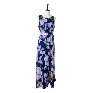 R&K Maxi Dress Chiffon Sleeveless Belted Navy Blue Purple Floral Women’s Size 8